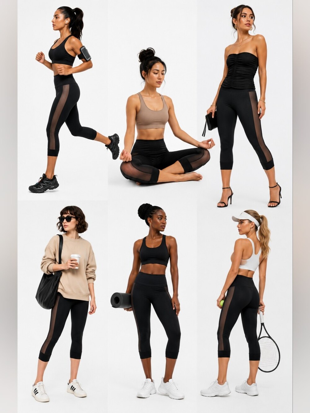NWT Poof Apparel Black Mesh Sheer Panel Cropped Fitness Pants M Yoga Run Party